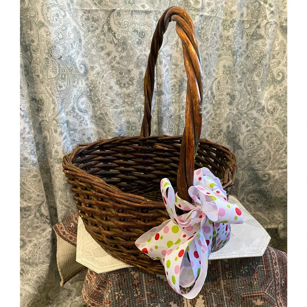 Rustic Heart Shaped Basket, Excelsior, Polka‎ Dot Ribbon Bow, Twisted Handle